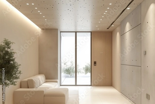 Fototapeta Sala de estar minimalista com paredes de concreto aparente, iluminação embutida no teto, janelas amplas com vista urbana e decoração neutra, IA generativa