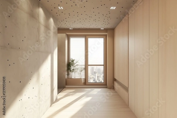 Obraz Sala de estar minimalista com paredes de concreto aparente, iluminação embutida no teto, janelas amplas com vista urbana e decoração neutra, IA generativa