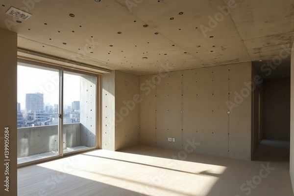 Fototapeta Sala de estar minimalista com paredes de concreto aparente, iluminação embutida no teto, janelas amplas com vista urbana e decoração neutra, IA generativa