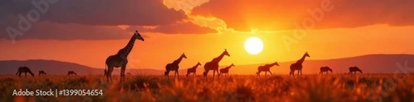Fototapeta A giraffe herd stands in a field with the setting sun behind them, wildlife, Africa