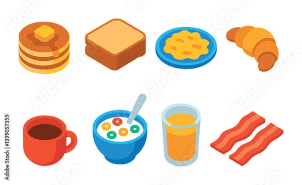 Fototapeta Isometric flat vector set of icons of breakfast items: pancakes, toast, scrambled eggs, croissant, coffee cup, cereal bowl, orange juice, bacon. isolated transparent background.
