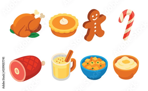 Fototapeta Isometric flat vector set of icons of holiday food: roast turkey, pumpkin pie, gingerbread man, candy cane, holiday ham, eggnog, stuffing bowl, mashed potatoes. isolated transparent background.