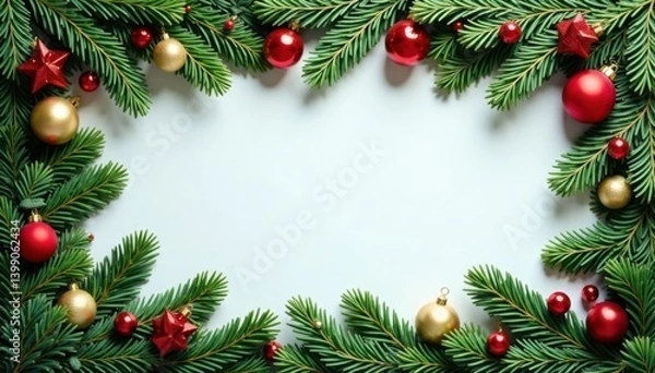 Obraz Christmas border with coniferous branches and garlands, Christmas decoration, garland