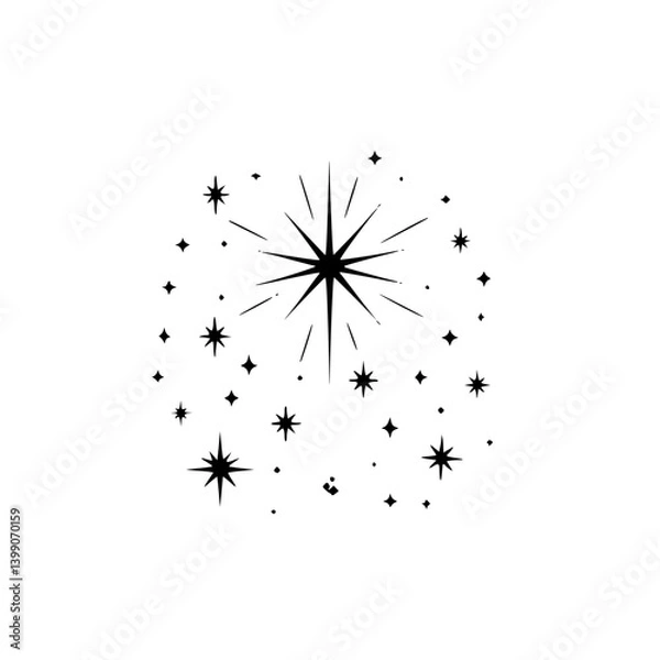 Fototapeta Black Starbursts and Celestial Stars, Vector Graphic on White