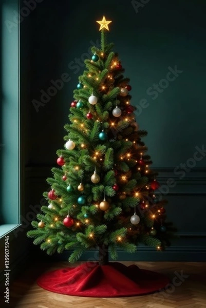 Fototapeta Freshly decorated evergreen Christmas tree standing alone in a darkened room, ornaments, evergreen christmas tree