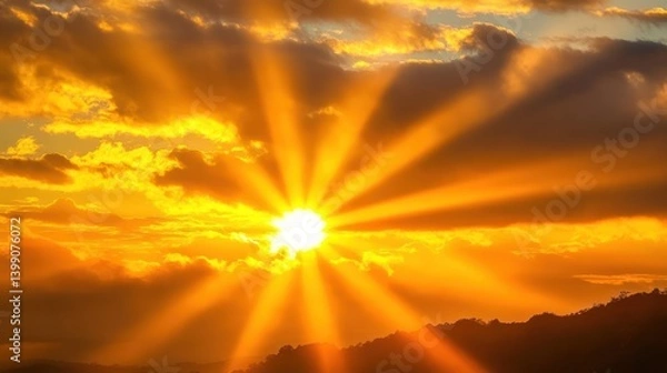 Fototapeta Golden Sunset Rays Through Clouds