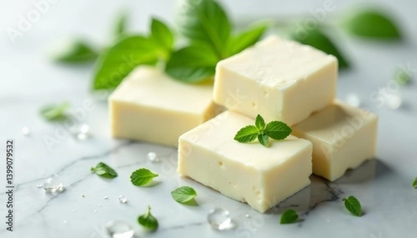 Fototapeta Feta cheese cubes placed on marble surface with herbs, Mediterranean, white, cheese