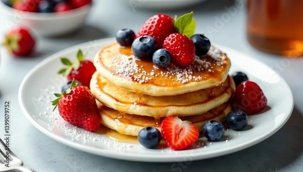 Fototapeta Fluffy pancakes topped with assorted fresh berries on a white plate, tasty, pancakes, morning