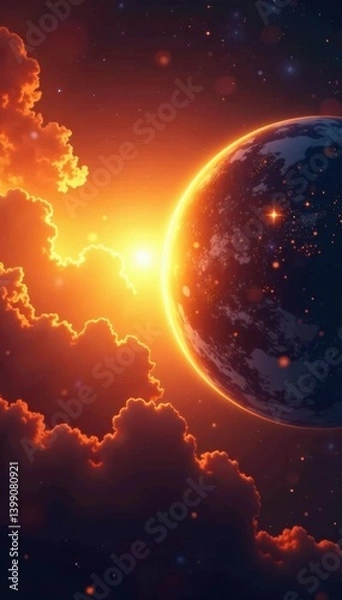 Fototapeta Golden sun with vibrant rays and colorful lens flare in space background, lens, glow