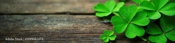 Fototapeta Emerald green four-leafed clover on a rustic wooden background, foliage, green, leaf