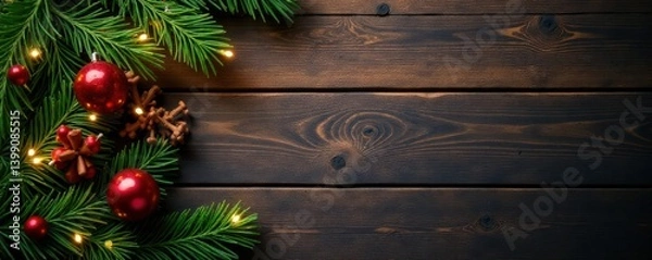 Fototapeta Fir branches adorned with twinkling lights and snowflakes on a wooden board, Fir Branches, Snowy Background
