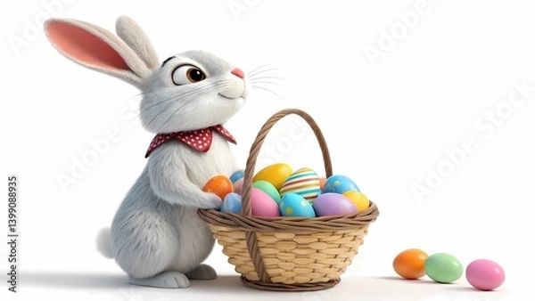 Fototapeta Easter Bunny's colorful basket: A delightful Easter Bunny, rendered in a photorealistic style, stands beside a basket brimming with vibrantly painted Easter eggs.