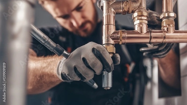 Fototapeta A plumber installing pipes in a residential building. Featuring skill and precision