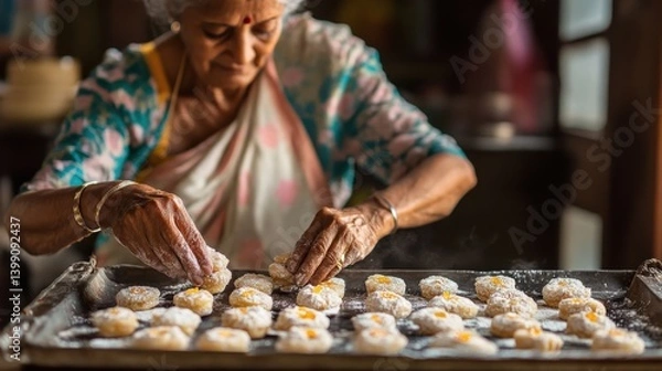 Obraz An older woman gently arranging cookies on a baking sheet