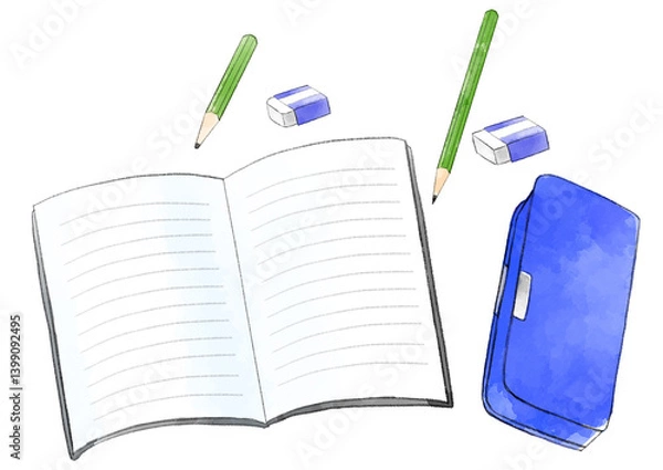Obraz 筆箱と鉛筆とノートのイラスト　手描き　水彩風