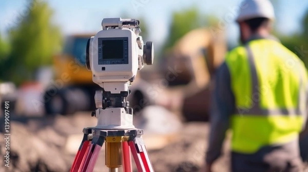 Fototapeta A surveyor using a total station to measure land at a construction site. Featuring accuracy and skill