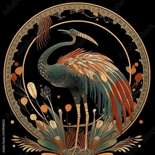 Fototapeta Elegant avian art nouveau design. A stylized bird with a decorative circle set against a rich, dark backdrop. Decorative gold accents.