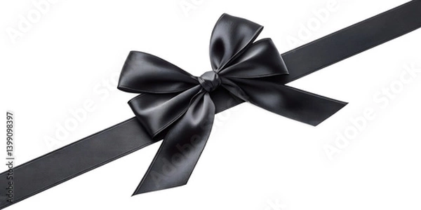 Fototapeta Large black bow on the left side of a straight ribbon, isolated on a transparent background - ideal for banners or frames Easter, Christmas, birthdays, gifts, Valentine's Day
