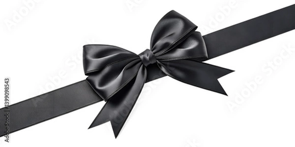 Fototapeta Large black bow on the left side of a straight ribbon, isolated on a transparent background - ideal for banners or frames Easter, Christmas, birthdays, gifts, Valentine's Day