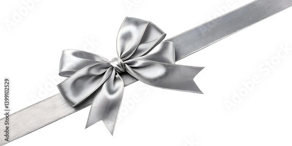 Fototapeta Large silver bow on the left side of a straight ribbon, isolated on a transparent background - ideal for banners or frames Easter, Christmas, birthdays, gifts, Valentine's Day