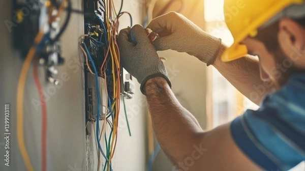 Fototapeta An electrician installing electrical wiring in a wall. Featuring focus and expertise