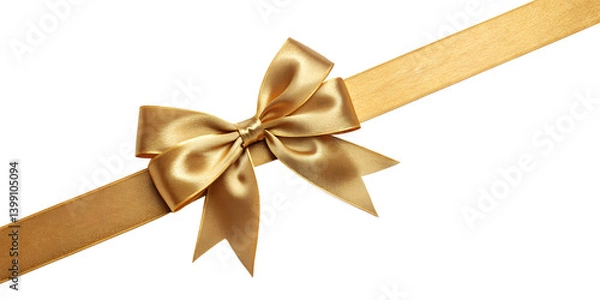 Obraz Large gold bow on the left side of a straight ribbon, isolated on a transparent background - ideal for banners or frames Easter, Christmas, birthdays, gifts, Valentine's Day