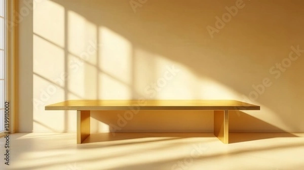 Fototapeta 3D rendering of a gold table in a studio room with a yellow background, featuring soft light and shadows, ideal for product presentation and mockup design.