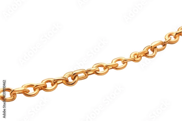 Fototapeta Close-up of a shiny gold chain with interlocking links on a white background.