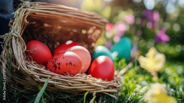 Fototapeta Celebrate spring with vibrant red Easter eggs in a woven basket
