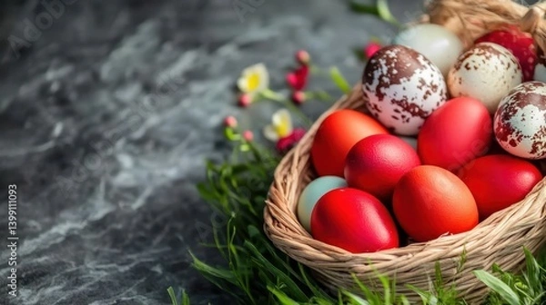 Fototapeta Colorful red easter eggs nestled in a rustic basket with spring elements