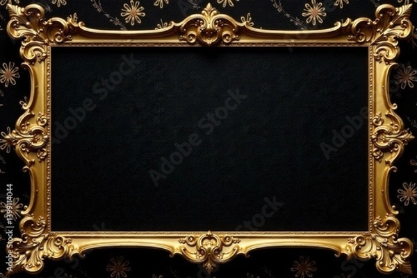 Fototapeta Ornate gold frame surrounding a black velvet background with intricate patterns and shimmering details , gold, opulence, black