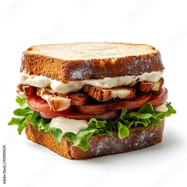 Obraz A delicious grilled chicken sandwich with lettuce, tomato, and mayonnaise on toasted wheat bread is perfectly presented.
