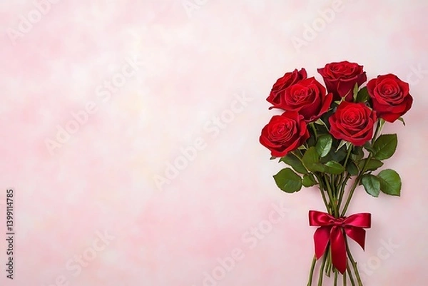 Fototapeta Elegant Arrangement of Fresh Red Roses with Green Leaves on Soft Pink Background