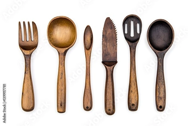 Fototapeta Collection of Wooden Kitchen Utensils Including Fork, Spoon, Knife, and Ladle on White Background
