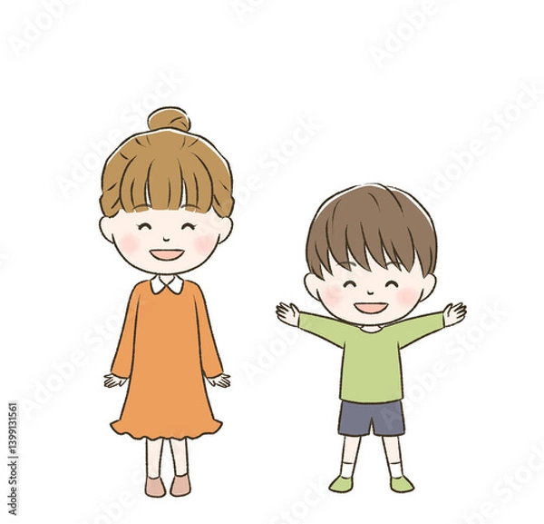 Obraz 満面の笑顔の全身のかわいい姉と弟