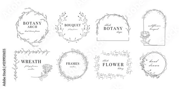 Fototapeta Set of frame with flowers. Botanical borders. Elements. Decoration for wedding. Hand drawn leaves. Label. Invitations. Wreath. Minimal style. Branches and herbs. Ornament