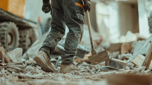 Fototapeta A construction site worker cleaning debris from a construction site. Featuring focus and teamwork