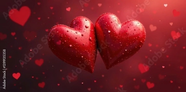 Fototapeta Two red hearts merging into one organic shape, heart bond, harmony