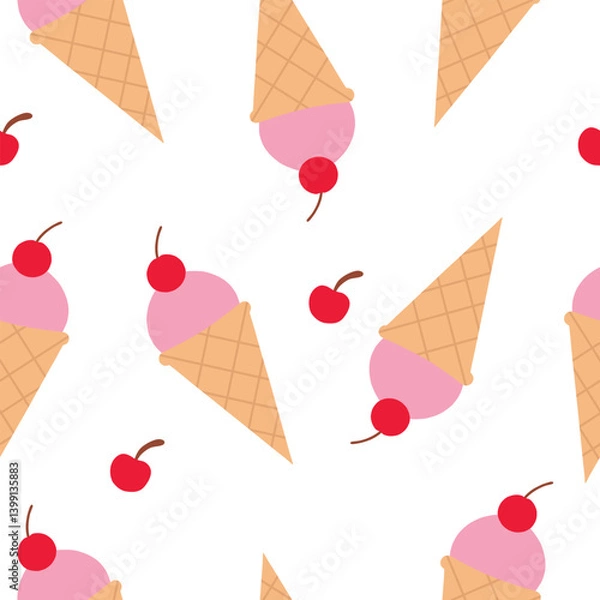 Fototapeta Seamless pattern with pink ice cream and cherry.