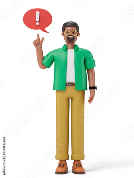 Fototapeta Man with exclamation bubble, symbolizing a sudden idea or realization. 3D rendering, conceptual image. Isolated on white background.