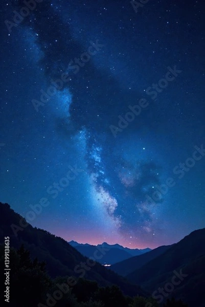 Fototapeta Starry night sky with dark blue frame and glitter bokeh effects, dark blue frame, night effect