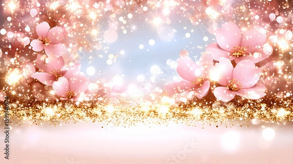 Obraz Springtime banner. Golden bokeh with pink cherry blossoms on a vivid blue backdrop