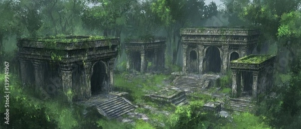 Fototapeta Jungle ruins of an ancient temple complex