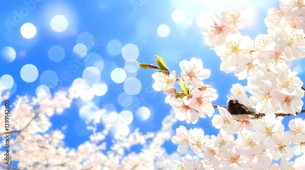 Obraz Springtime banner. Golden bokeh with pink cherry blossoms on a vivid blue backdrop