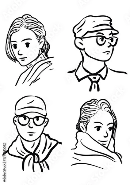 Fototapeta Diverse Portrait Collection: A compilation of four distinct illustrations of diverse individuals with various accessories and expressions.