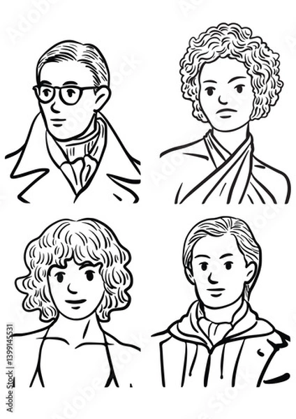 Fototapeta Character Sketch Compilation: A set of four stylish character sketches. Each illustration features a unique individual, captured with simple yet expressive line art.