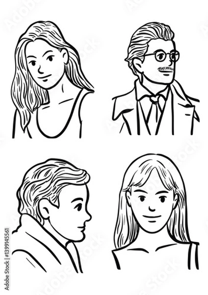 Fototapeta Faces of People: A collection of diverse, line art portraits showcasing a variety of faces, each with unique features and expressions. A versatile asset for character design, illustrations.