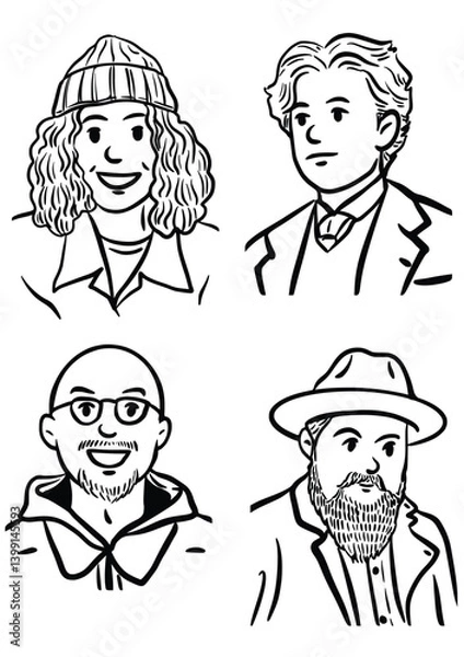 Obraz Diverse Portraits: A collection of hand-drawn portraits, showcasing individuals with different appearances, hair styles, and accessories, offering a glimpse into the variety of unique characters.