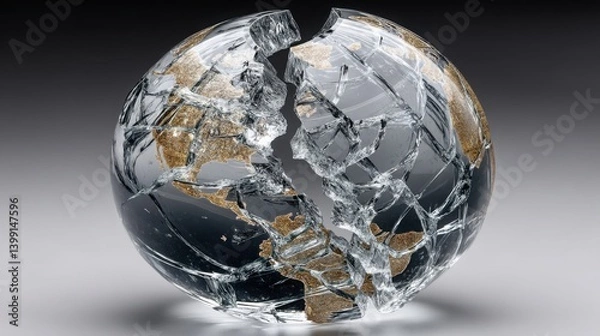 Fototapeta A broken crystal globe symbolizing the fractured relations between usa and china due to trade winds of conflict
