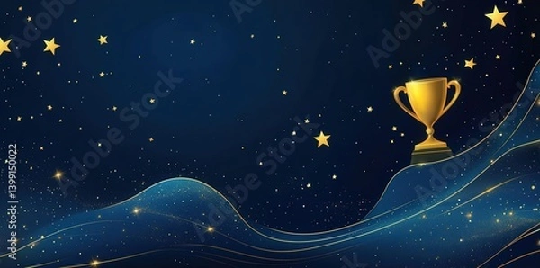 Fototapeta Abstract background featuring stars and a golden trophy on a dark blue wave, perfect for awards ceremony themes and customizable with space for text.